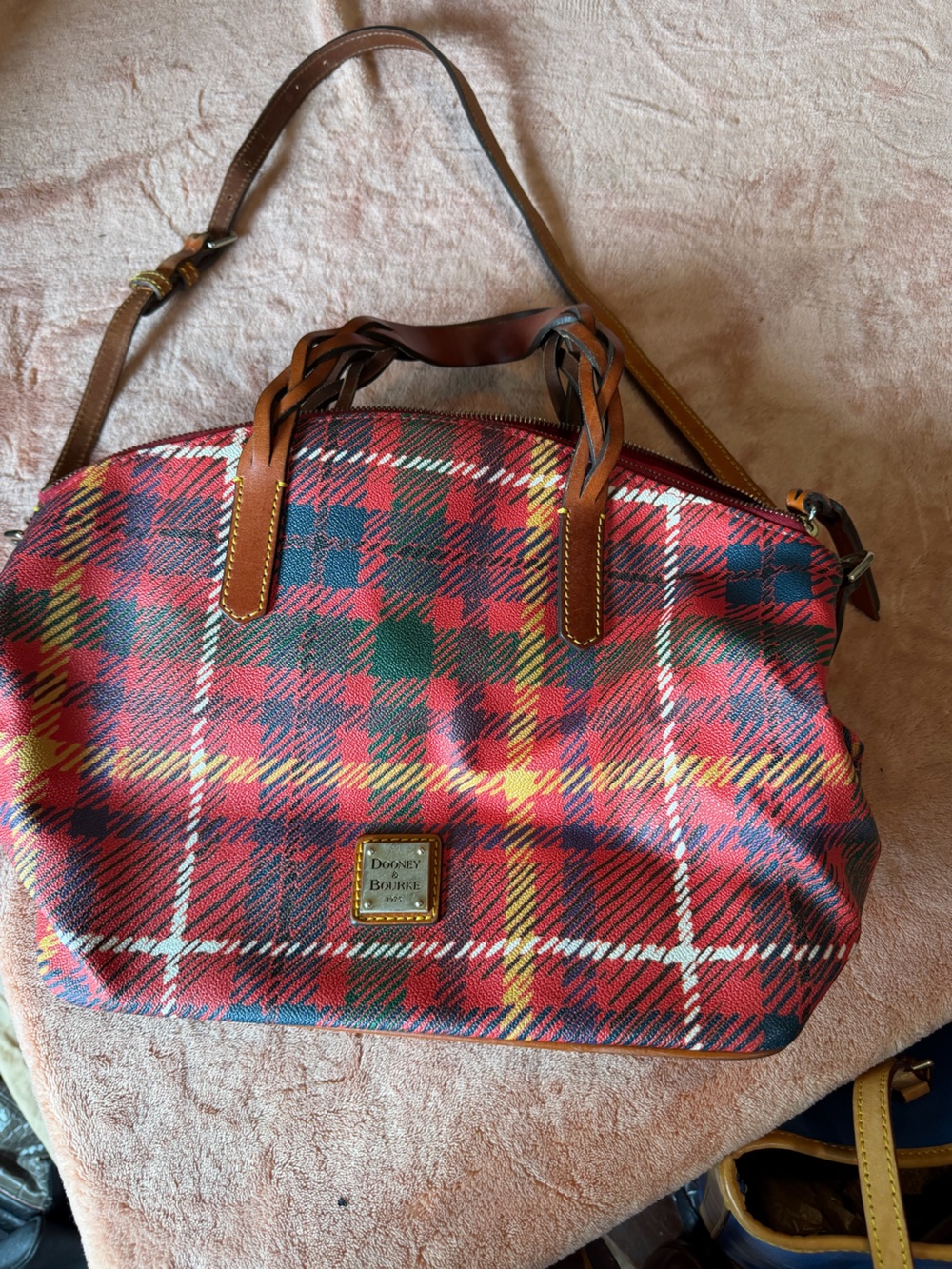 Dooney & Bourke Red Tartan Satchel with Brown Leather Trim